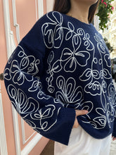 Nakışlı Oversize Yumuşak Dokulu Şardonlu Triko Kazak 2626 - Lacivert